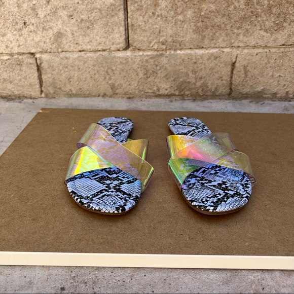 Chase and Chloe Holographic Snake Embossed Clear Strap Irma Slides Sandals - Picture 2 of 7